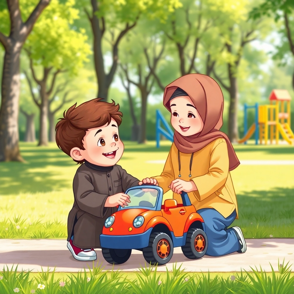 İbrahim, toddler boy with brown wavy hair, medium skin color, wearing Islamic clothing, sharing his toy car with Ayşe, sunny park with green grass and trees, bright daylight and happy and generous, Illustration for children's book, medium shot showing both children playing together, 