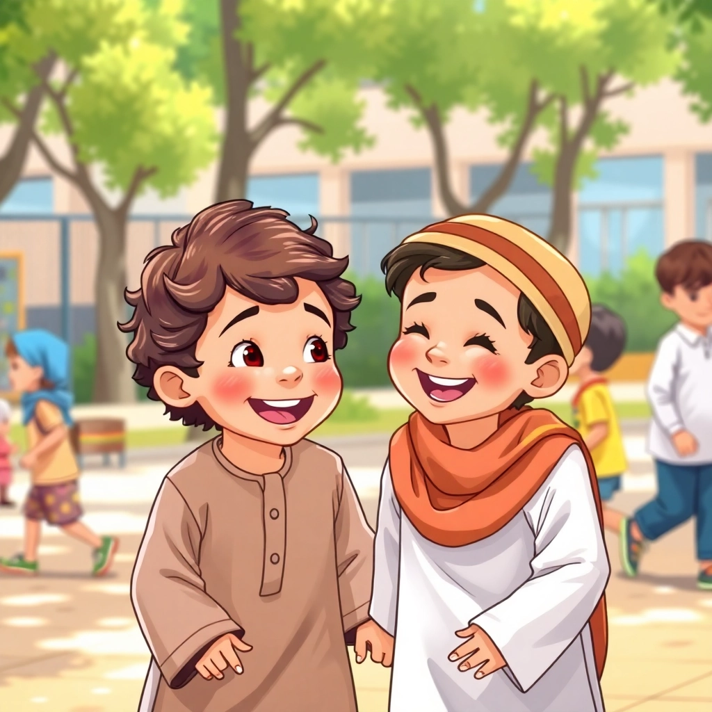 İbrahim, toddler boy with brown wavy hair, medium skin color, wearing Islamic clothing, playing together with Ali, smiling and laughing, school playground with other children playing, bright daylight and joyful and inclusive, Illustration for children's book, medium shot of Ibrahim and Ali playing, 