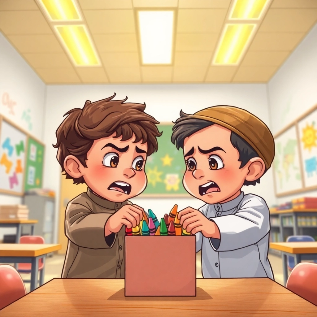 İbrahim, toddler boy with brown wavy hair, medium skin color, wearing Islamic clothing, intervening in an argument between two classmates, classroom with desks and colorful drawings, soft daylight coming through the windows and calm and mediating, Illustration for children's book, medium shot focusing on Ibrahim and the arguing children, 