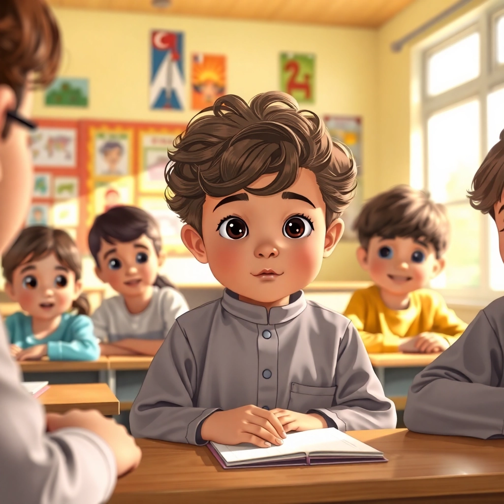 İbrahim, toddler boy with brown wavy hair, medium skin color, wearing Islamic clothing, explaining his solution to the classmates, classroom with a whiteboard and drawings, soft daylight and helpful and fair, Illustration for children's book, medium shot focusing on Ibrahim, 