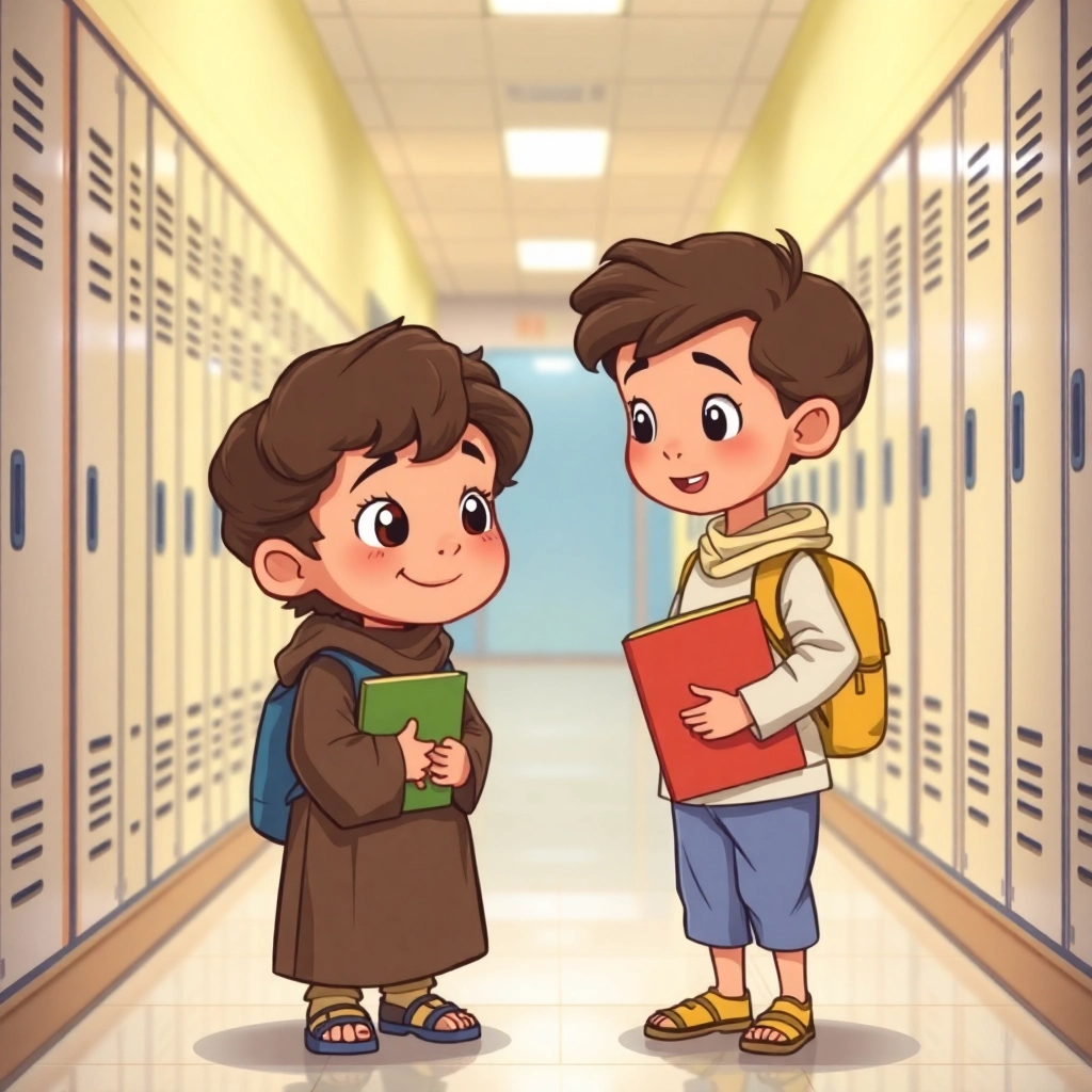 İbrahim, toddler boy with brown wavy hair, medium skin color, wearing Islamic clothing, helping a classmate who has dropped their books, school hallway with lockers, bright hallway lighting and kind and helpful, Illustration for children's book, medium shot showing Ibrahim assisting his classmate, 