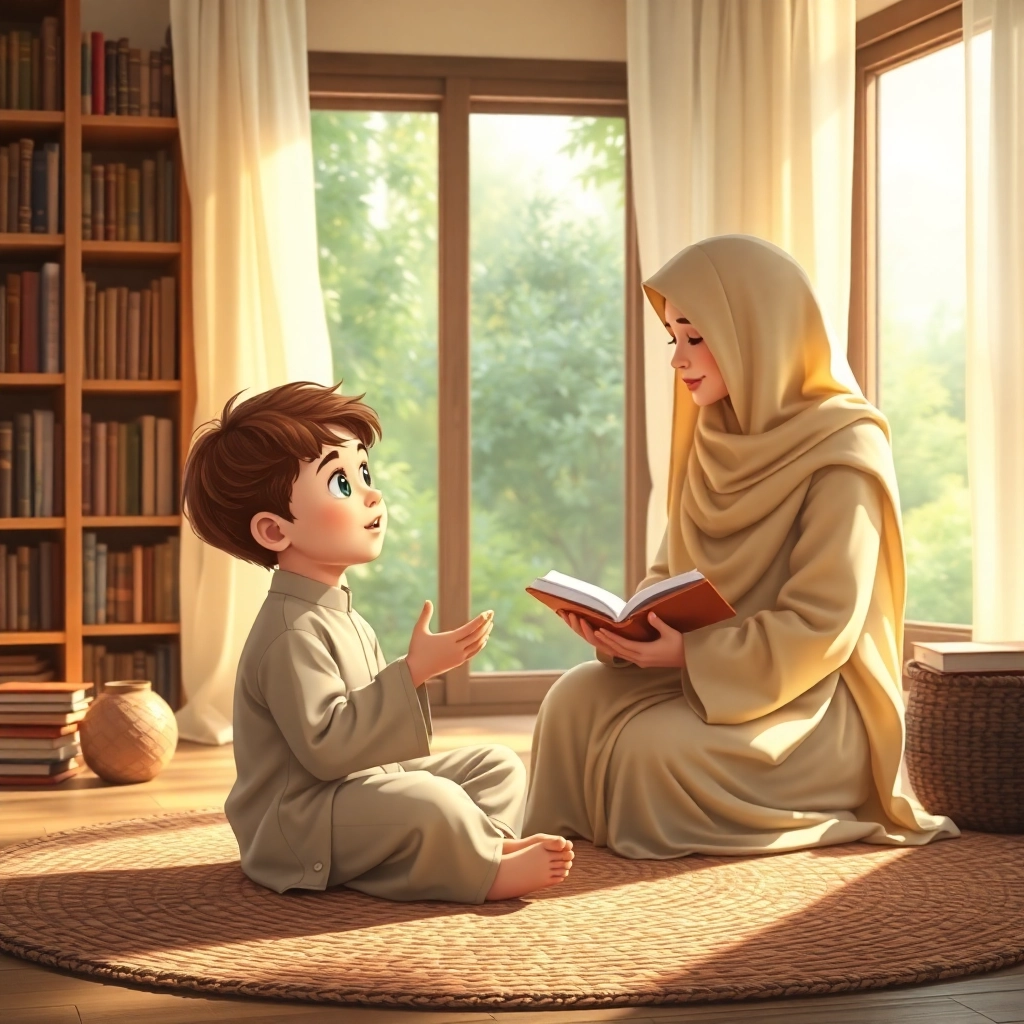İbrahim, toddler boy with brown wavy hair, medium skin color, wearing Islamic clothing, listening to his mother telling a story with rapt attention, cozy living room with a fireplace, warm evening light and inspired and determined, Illustration for children's book, close-up of Ibrahim and his mother, 
