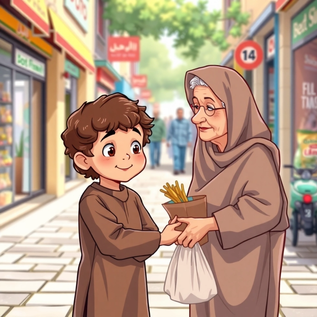 İbrahim, toddler boy with brown wavy hair, medium skin color, wearing Islamic clothing, helping an elderly woman carry her groceries, busy street with shops, bright daylight and considerate and helpful, Illustration for children's book, medium shot showing Ibrahim assisting the woman, 