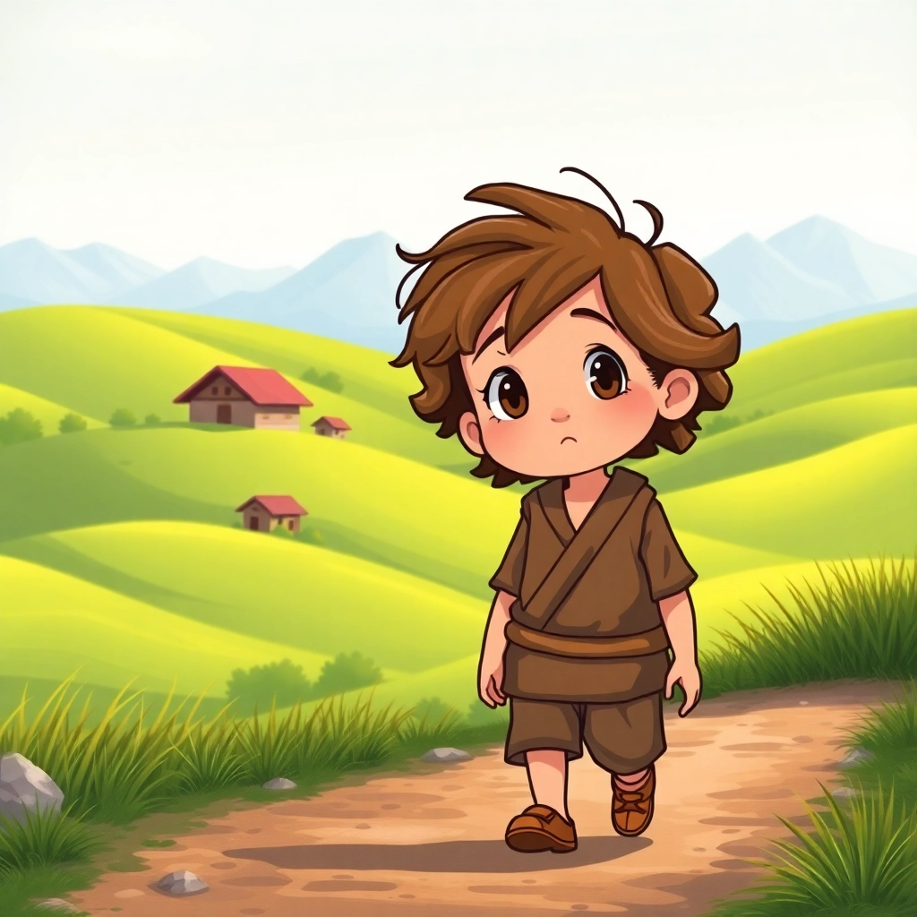 İbrahim, toddler boy with brown wavy hair, medium skin color, wearing Rural clothing, Ibrahim plays with a wooden toy car near his house, Front yard of a modest village home with flowers, Bright, sunny morning and Happy and carefree, Illustration for children's book, Wide shot showing the house and Ibrahim playing,