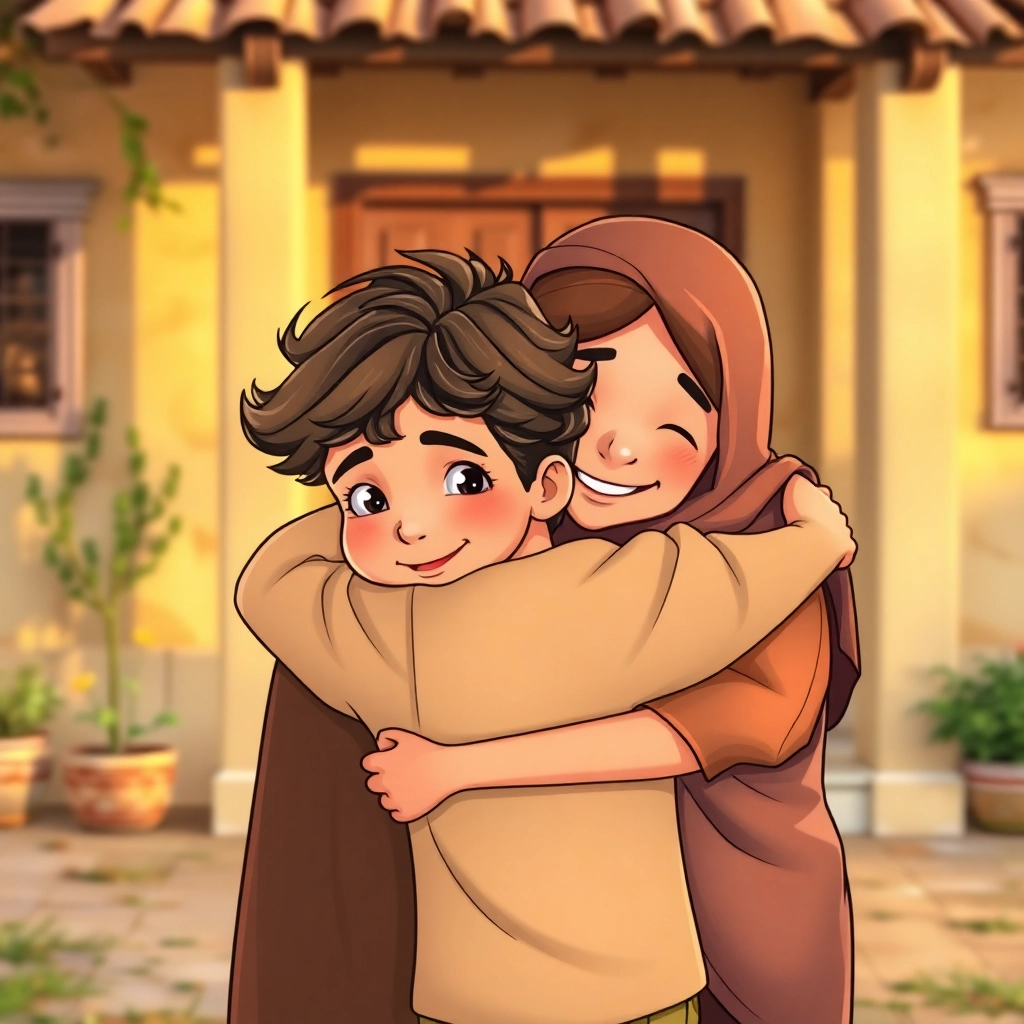 İbrahim, toddler boy with brown wavy hair, medium skin color, wearing Rural clothing, Ibrahim hugs his parents in front of their house, Front yard of a village home, Warm, late afternoon light and Loving and relieved, Illustration for children's book, Medium shot showing the family hugging,