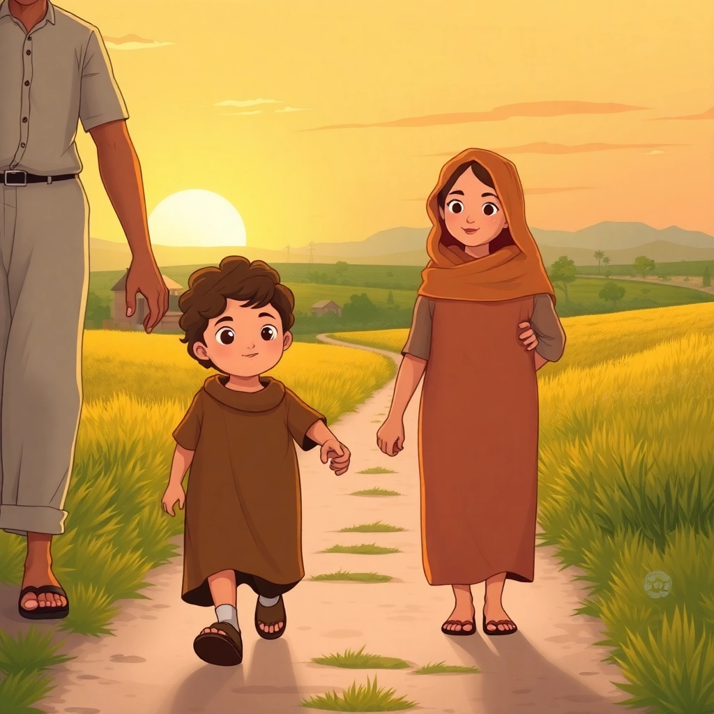 İbrahim, toddler boy with brown wavy hair, medium skin color, wearing Rural clothing, Ibrahim walks hand-in-hand with his parents, Path through a field near the village, Sunset and Content and secure, Illustration for children's book, Wide shot showing the family walking together,