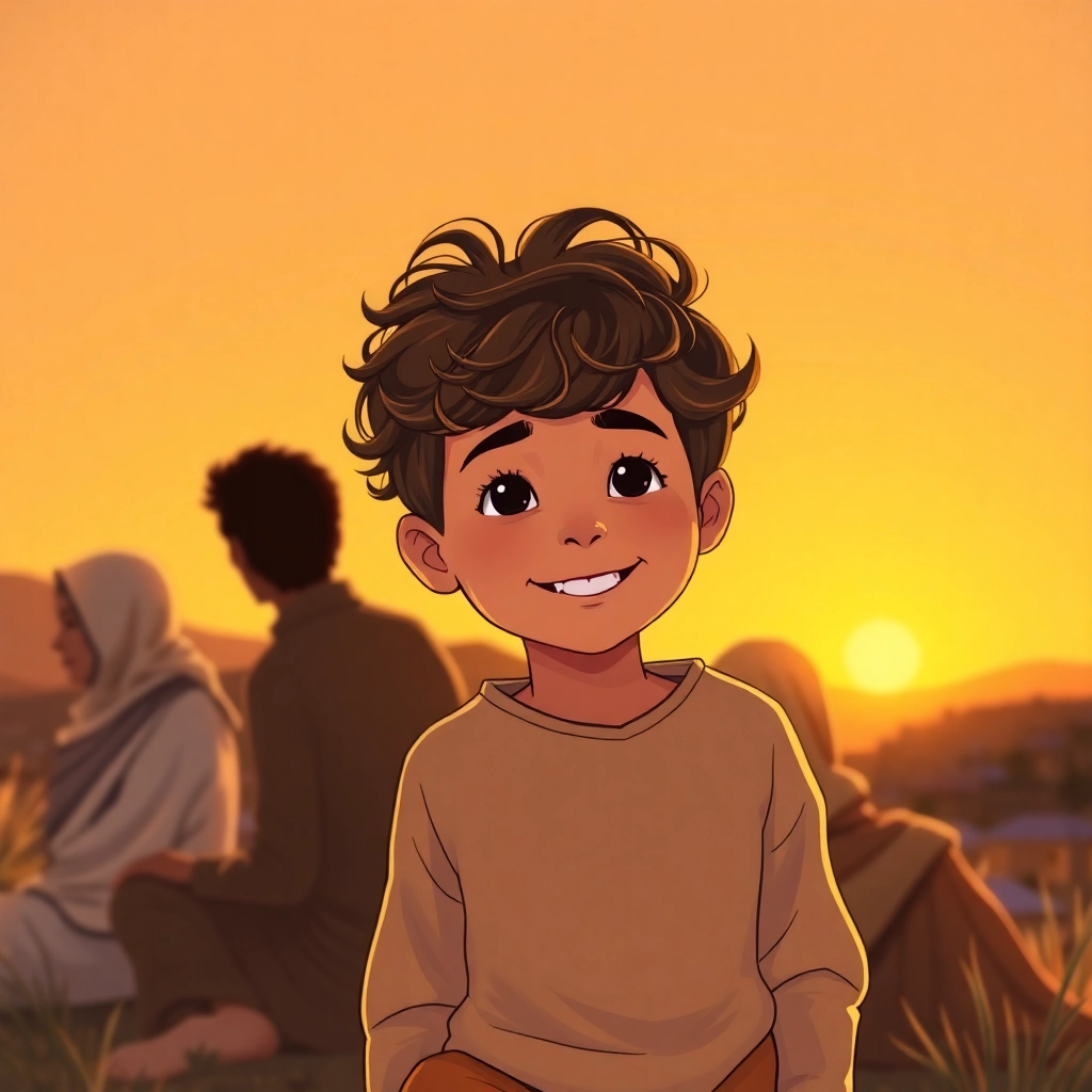 İbrahim, toddler boy with brown wavy hair, medium skin color, wearing Rural clothing, Ibrahim smiles as he sits with his family, looking at the sunset, Hill overlooking the village at sunset, Warm, golden sunset light and Peaceful and grateful, Illustration for children's book, Wide shot showing the family silhouetted against the sunset,