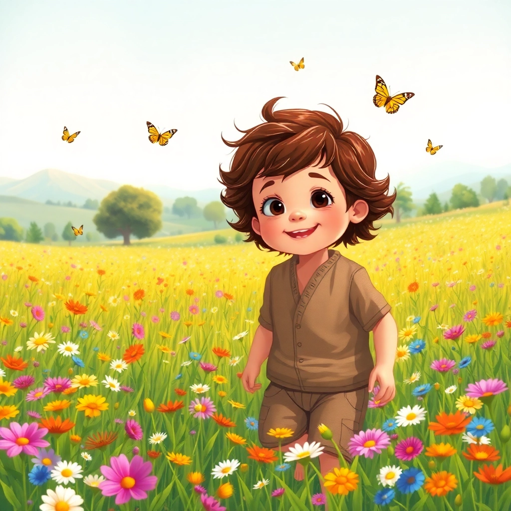 İbrahim, toddler boy with brown wavy hair, medium skin color, wearing Rural clothing, Ibrahim chases butterflies in a field of wildflowers, Lush green meadow with colorful wildflowers, Soft, diffused sunlight and Playful and joyful, Illustration for children's book, Medium shot, slightly low angle,