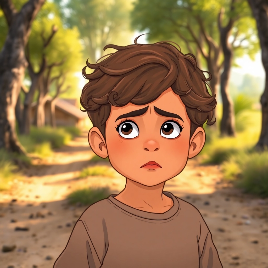 İbrahim, toddler boy with brown wavy hair, medium skin color, wearing Rural clothing, Ibrahim pauses, looking around with a slightly worried expression, Dusty path leading away from the village, lined with trees, Afternoon sunlight filtering through the trees and Uncertain and slightly anxious, Illustration for children's book, Close-up on Ibrahim's face,