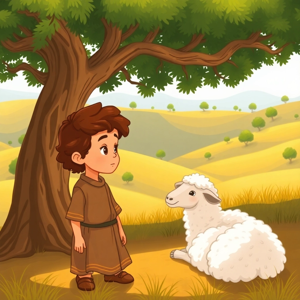 İbrahim, toddler boy with brown wavy hair, medium skin color, wearing Rural clothing, Ibrahim speaks to a sheep resting under a large tree, Rolling hills with scattered trees and grass, Warm afternoon light and Polite and expectant, Illustration for children's book, Medium shot focusing on Ibrahim and the sheep,