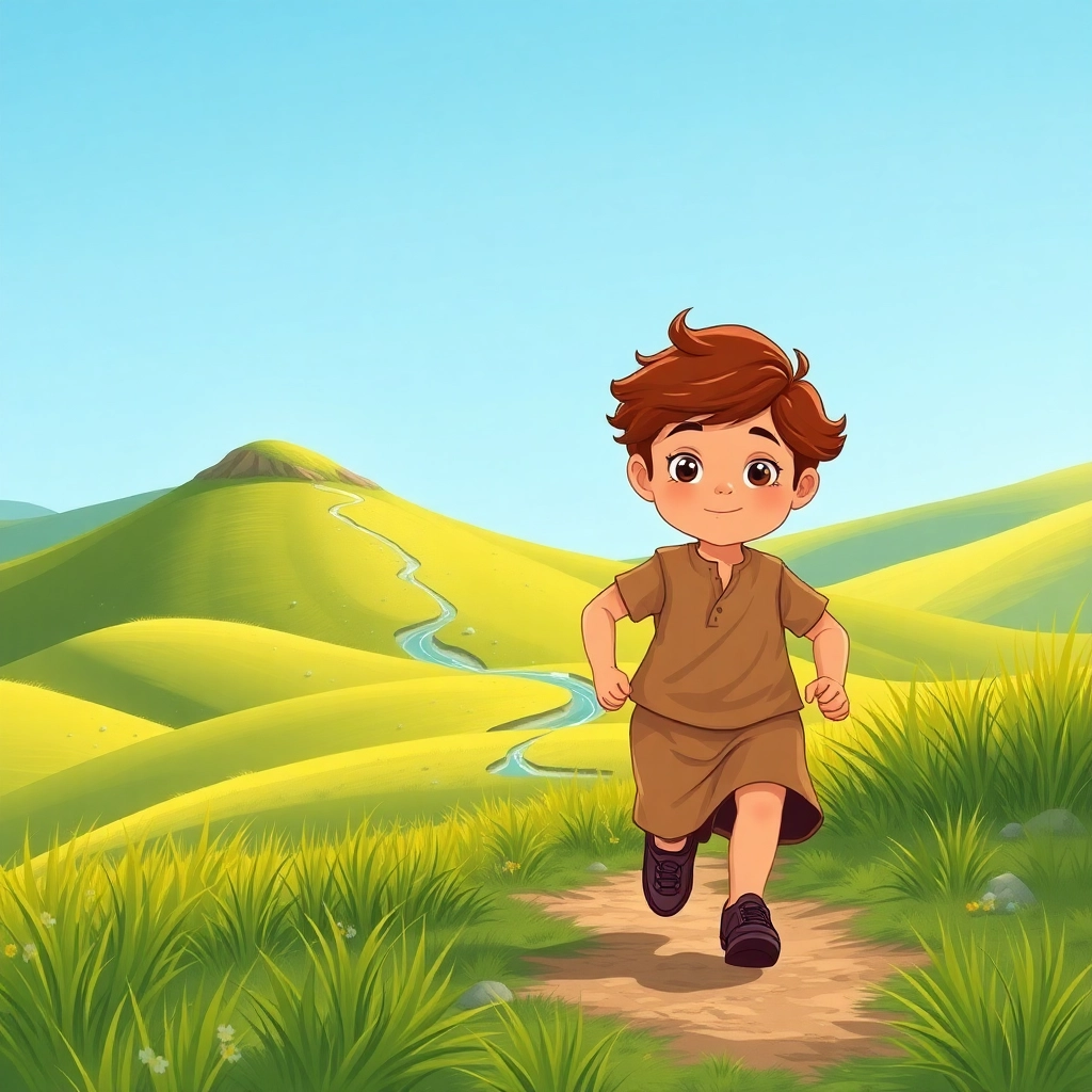 İbrahim, toddler boy with brown wavy hair, medium skin color, wearing Rural clothing, Ibrahim runs towards a hill in the distance, Open field with a hill in the background, Late afternoon sunlight and Determined and hopeful, Illustration for children's book, Wide shot showing Ibrahim running towards the hill,