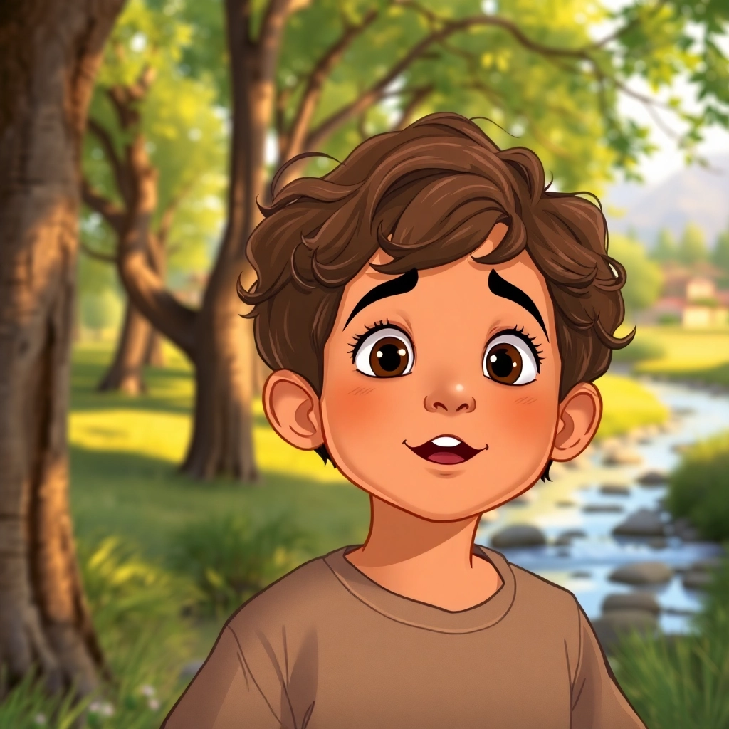 İbrahim, toddler boy with brown wavy hair, medium skin color, wearing Rural clothing, Ibrahim stops and listens intently, Trees near a stream, with a hint of a village in the distance, Late afternoon light and Excited and relieved, Illustration for children's book, Close-up on Ibrahim's face, listening,