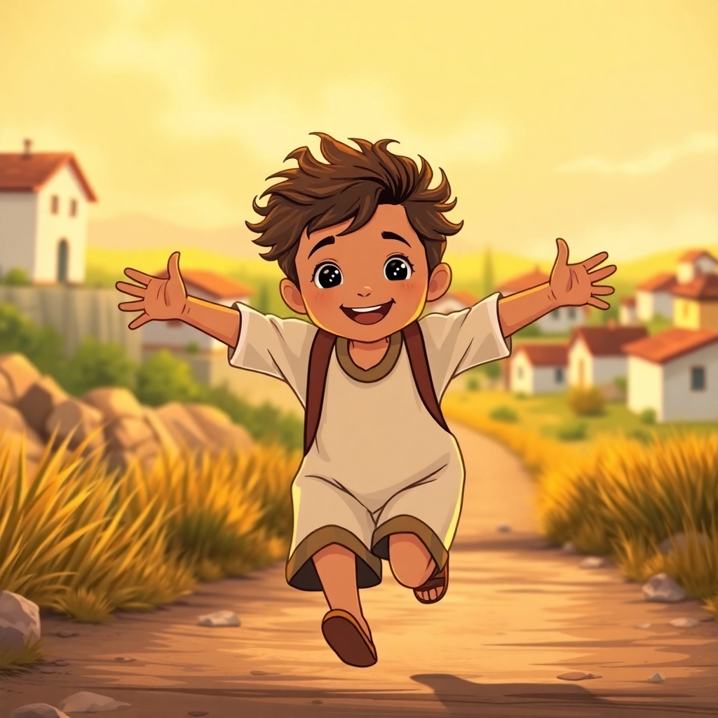 İbrahim, toddler boy with brown wavy hair, medium skin color, wearing Rural clothing, Ibrahim runs towards the village with outstretched arms, Edge of the village, with houses visible in the background, Golden hour sunlight and Joyful and excited, Illustration for children's book, Medium shot showing Ibrahim running towards the village,