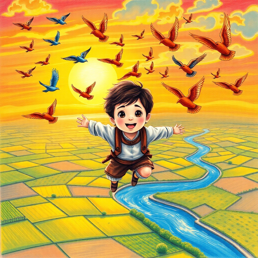 İbrahim, toddler boy with brown wavy hair, medium skin color, wearing Rural clothing, flies through a vibrant sunset sky carried by many colorful birds, above a patchwork landscape of green fields and a winding blue river, golden hour sunlight with warm, soft shadows and joyful and uplifting, Hand-drawn illustration, colored pencil, whimsical., wide shot showing the boy and birds in flight, 