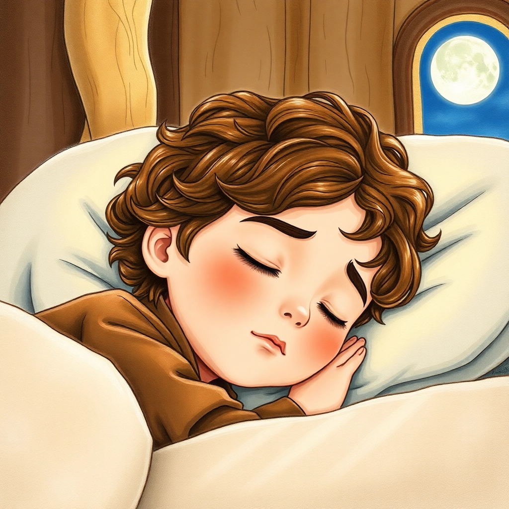 İbrahim, toddler boy with brown wavy hair, medium skin color, wearing Rural clothing, lies in bed looking up with a smile, cozy bedroom with toys scattered around, soft moonlight streaming through the window and peaceful and dreamy, Hand-drawn illustration, colored pencil, whimsical., close-up of face, 