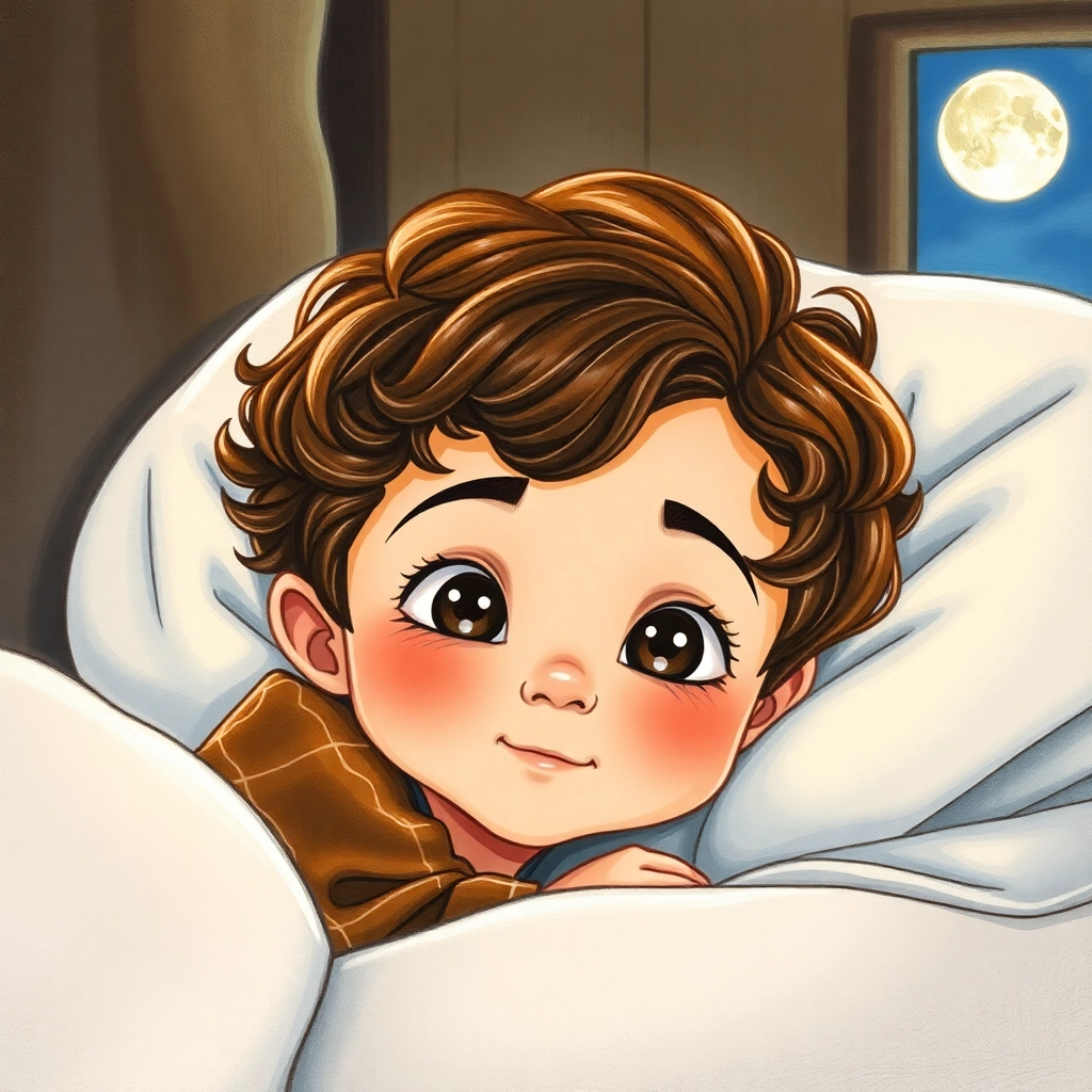 İbrahim, toddler boy with brown wavy hair, medium skin color, wearing Rural clothing, is gently placed back into his bed, bedroom in the dim light, soft shadows and calm and peaceful, Hand-drawn illustration, colored pencil, whimsical., medium shot from doorway, 