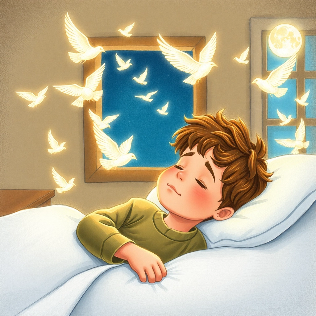 İbrahim, toddler boy with brown wavy hair, medium skin color, wearing Rural clothing, smiles in his sleep remembering the dream, bedroom, slightly lighter now, soft light and happy and hopeful, Hand-drawn illustration, colored pencil, whimsical., close-up of face, 