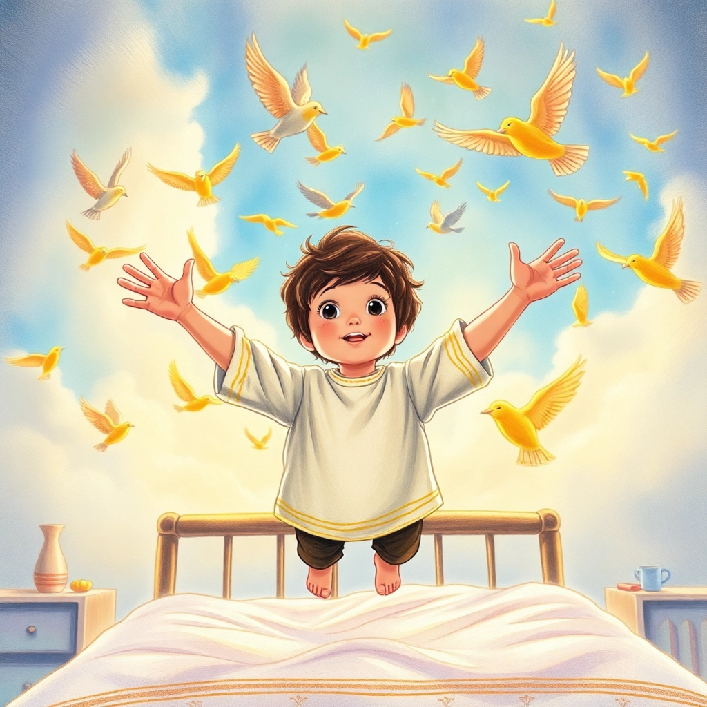 İbrahim, toddler boy with brown wavy hair, medium skin color, wearing Rural clothing, is lifted gently into the air surrounded by birds, bedroom receding below as he ascends, soft, magical glow and amazed and excited, Hand-drawn illustration, colored pencil, whimsical., medium shot from below, 