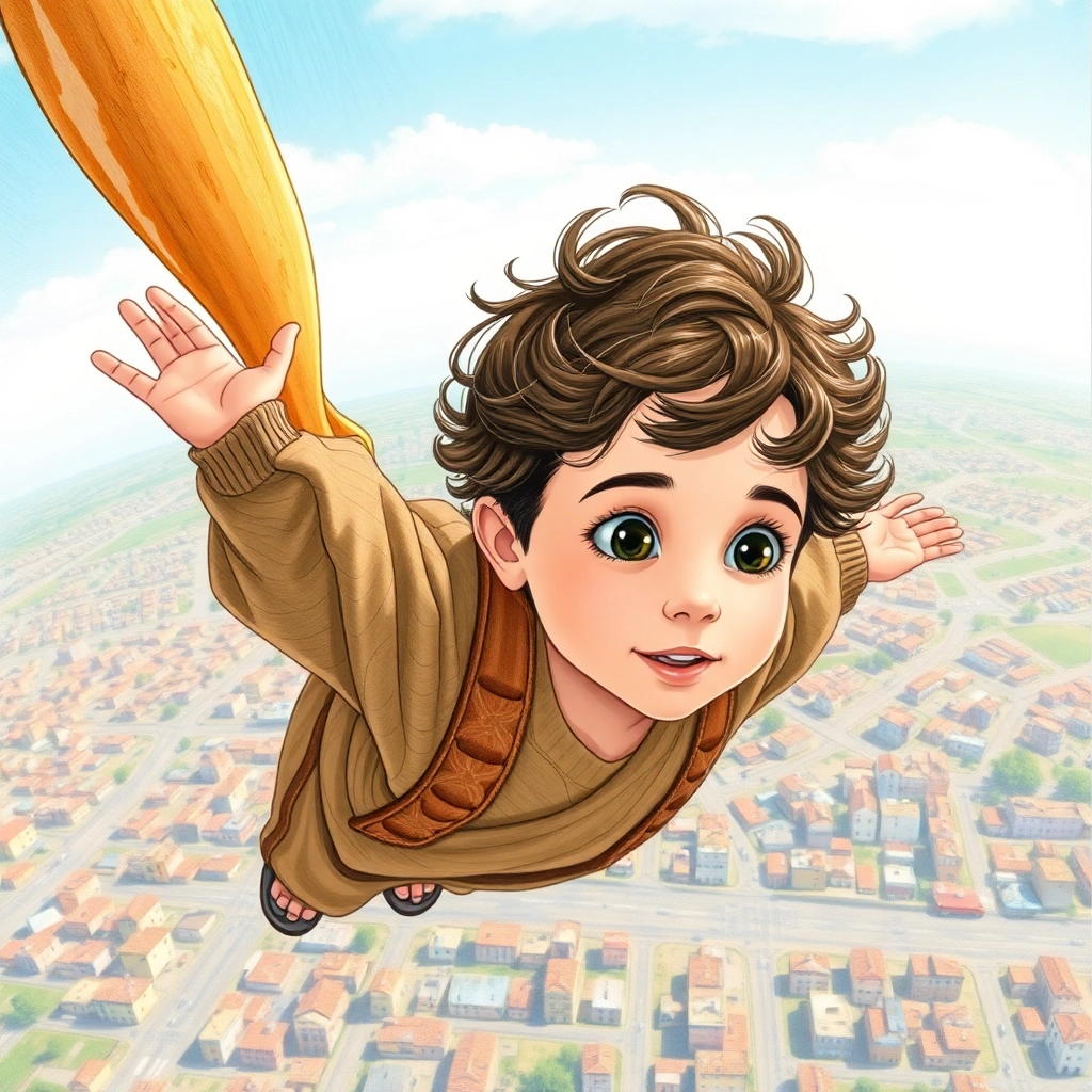İbrahim, toddler boy with brown wavy hair, medium skin color, wearing Rural clothing, soars above the city looking down in wonder, panoramic view of the city below, bright daylight and awe-struck and curious, Hand-drawn illustration, colored pencil, whimsical., wide shot from high above, 