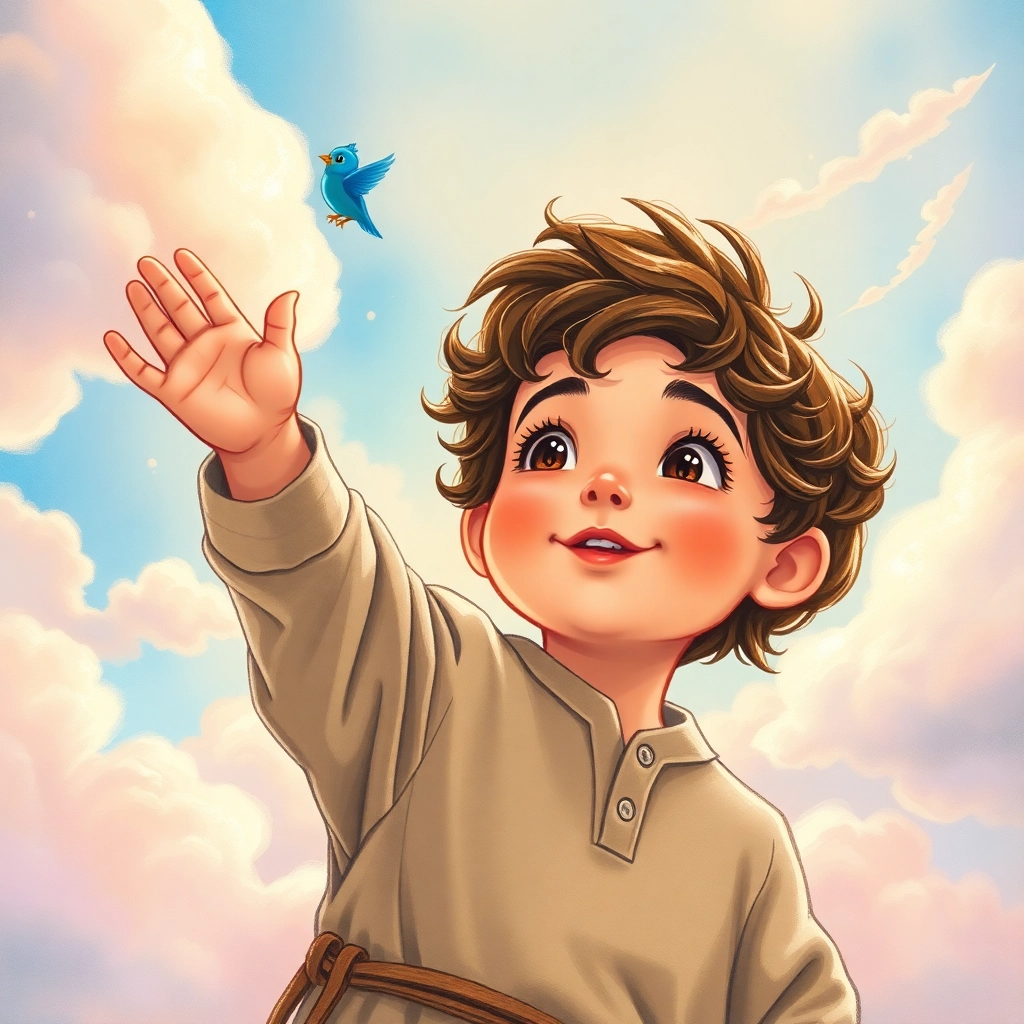 İbrahim, toddler boy with brown wavy hair, medium skin color, wearing Rural clothing, reaches out to touch fluffy clouds, amongst the clouds with the birds, diffused sunlight and playful and delighted, Hand-drawn illustration, colored pencil, whimsical., close-up on hand and clouds, 