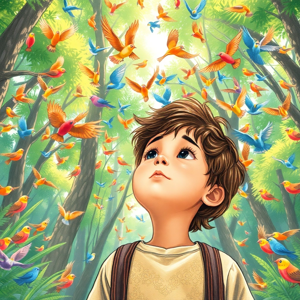 İbrahim, toddler boy with brown wavy hair, medium skin color, wearing Rural clothing, flies towards a large, dense forest, overlooking the forest canopy, filtered sunlight through leaves and intrigued and peaceful, Hand-drawn illustration, colored pencil, whimsical., medium shot showing scale of forest, 
