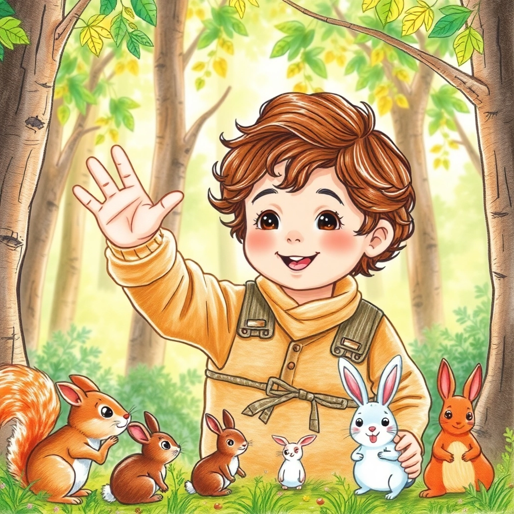 İbrahim, toddler boy with brown wavy hair, medium skin color, wearing Rural clothing, waves to squirrels and rabbits below, forest floor with animals looking up, brightly lit clearing and friendly and cheerful, Hand-drawn illustration, colored pencil, whimsical., medium shot from slightly above, 