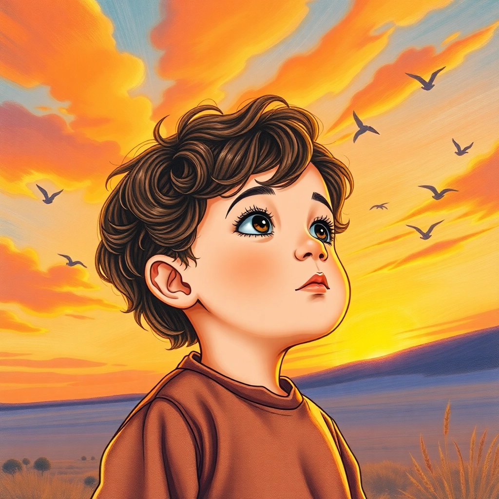 İbrahim, toddler boy with brown wavy hair, medium skin color, wearing Rural clothing, gazes at the vibrant sunset sky, high in the sky with birds silhouetted, glowing sunset and peaceful and awestruck, Hand-drawn illustration, colored pencil, whimsical., wide shot showing sunset and birds, 
