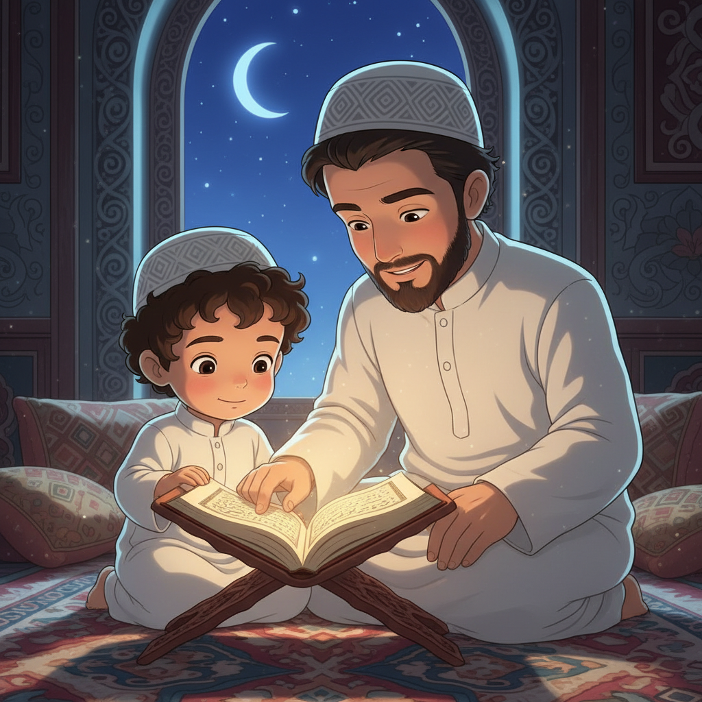 İbrahim, toddler boy with brown wavy hair, medium skin color, wearing Islamic clothing, A toddler boy with brown wavy hair sits on a soft velvet cushion, holding a beautifully decorated Quran with respect, A peaceful living room decorated with warm lanterns and a prayer rug, Soft golden hour light streaming through a window and Peaceful and spiritual, studio ghibli style, Eye-level medium shot showing the boy's calm expression and the ornate book, 