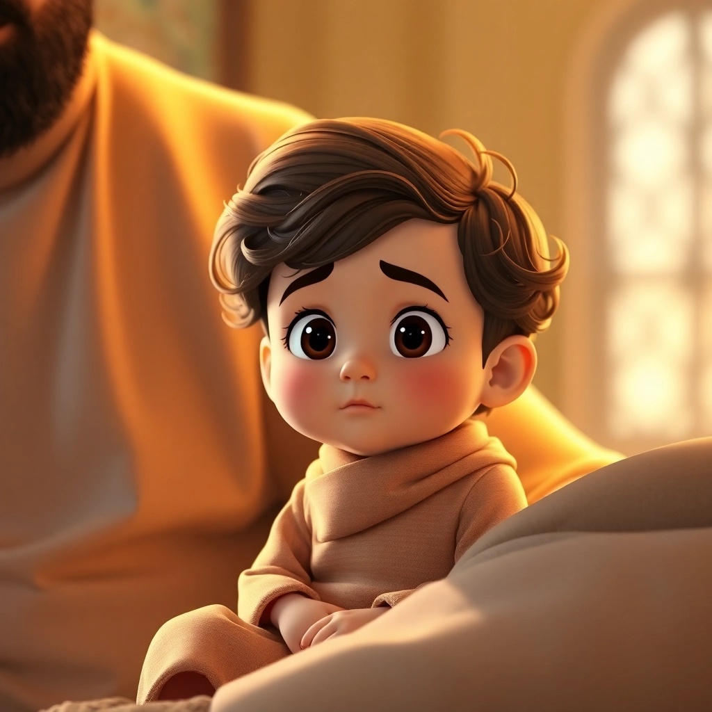 Ibrahim, a toddler with wavy brown hair, sitting on his muslim father's lap, looking thoughtful, warm and comforting light, Pixar-like character design, medium shot, portraying Ibrahim's understanding of the meaning of Eid al-Adha, 2K quality