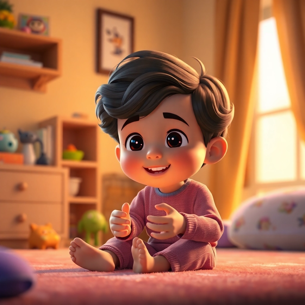 Ibrahim, a toddler with wavy brown hair, sitting in his room while playing, soft, warm lighting, Pixar-like character design, 2K quality, emphasizing the joy of giving