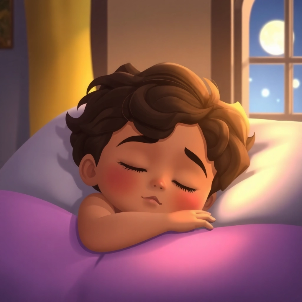 Ibrahim, a toddler with wavy brown hair, sleeping peacefully in his bed, moonlight streaming through the window, soft and dreamy lighting, Pixar-like character design, medium shot, conveying a sense of peace and contentment, 2K quality.