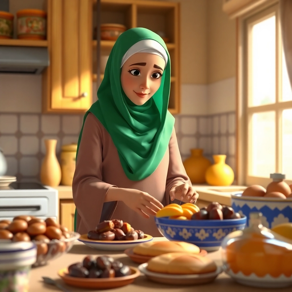 Ibrahim's mother, wearing green scarf, preparing food in the kitchen, arranging dates, pastries, and fruits, natural light filtering through the window, Pixar-like character design, over-the-shoulder shot, highlighting the preparations for Eid and the act of sharing with others, 2K quality.