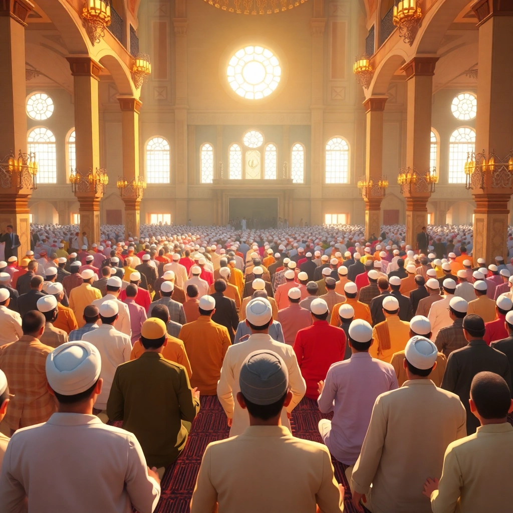 A crowded mosque filled with muslim men dressed in traditional clothing with different colors, early morning light streaming through the windows, warm and serene atmosphere, Pixar-like character design, wide shot, showing the sense of community and devotion during Eid prayers, 2K quality.