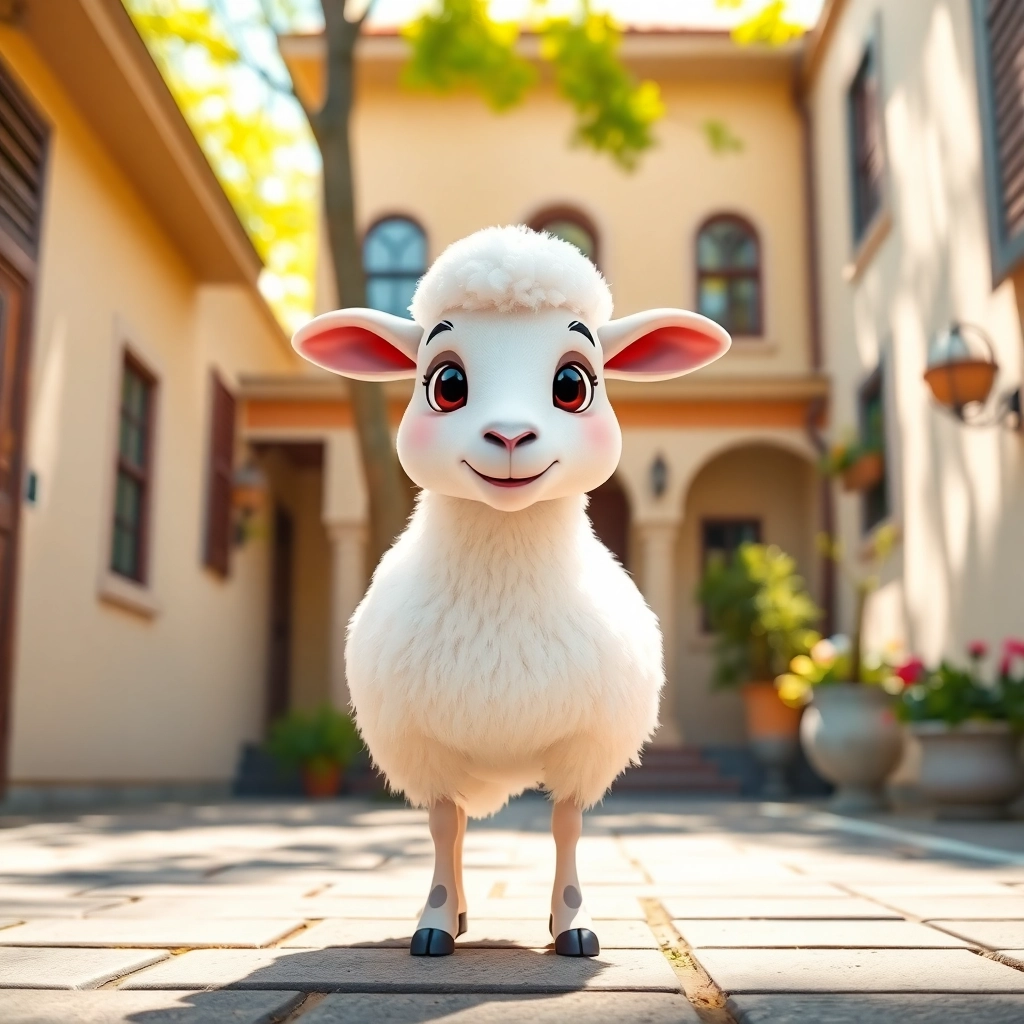 A white friendly sheep standing in a sunny courtyard, Istanbul house in the background, bright and cheerful lighting, Pixar-like character design, medium shot, focusing on the sheep as a symbol of Eid al-Adha, 2K quality.