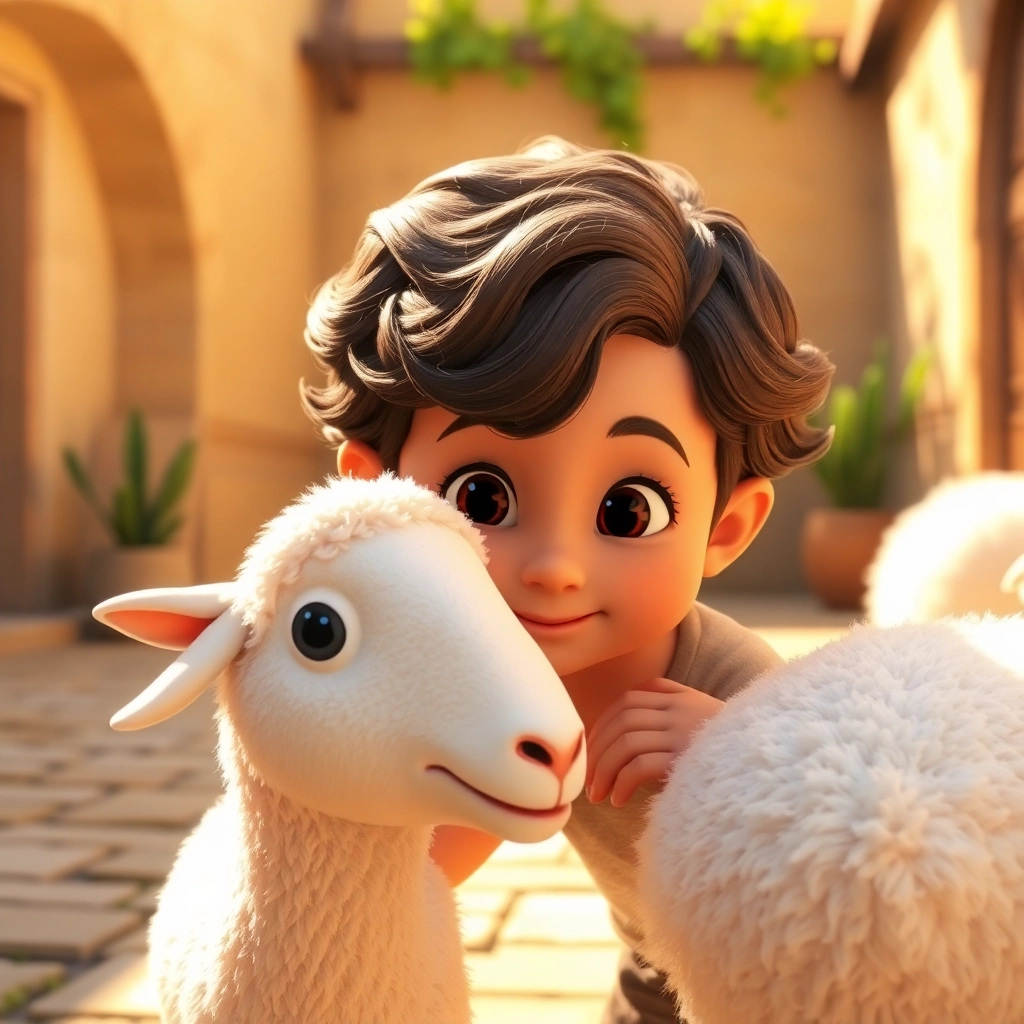 Ibrahim, a toddler with wavy brown hair, gently petting a white friendly sheep in a sunny courtyard, warm sunlight, Pixar-like character design, close-up, showcasing the bond between the boy and the sheep, 2K quality.