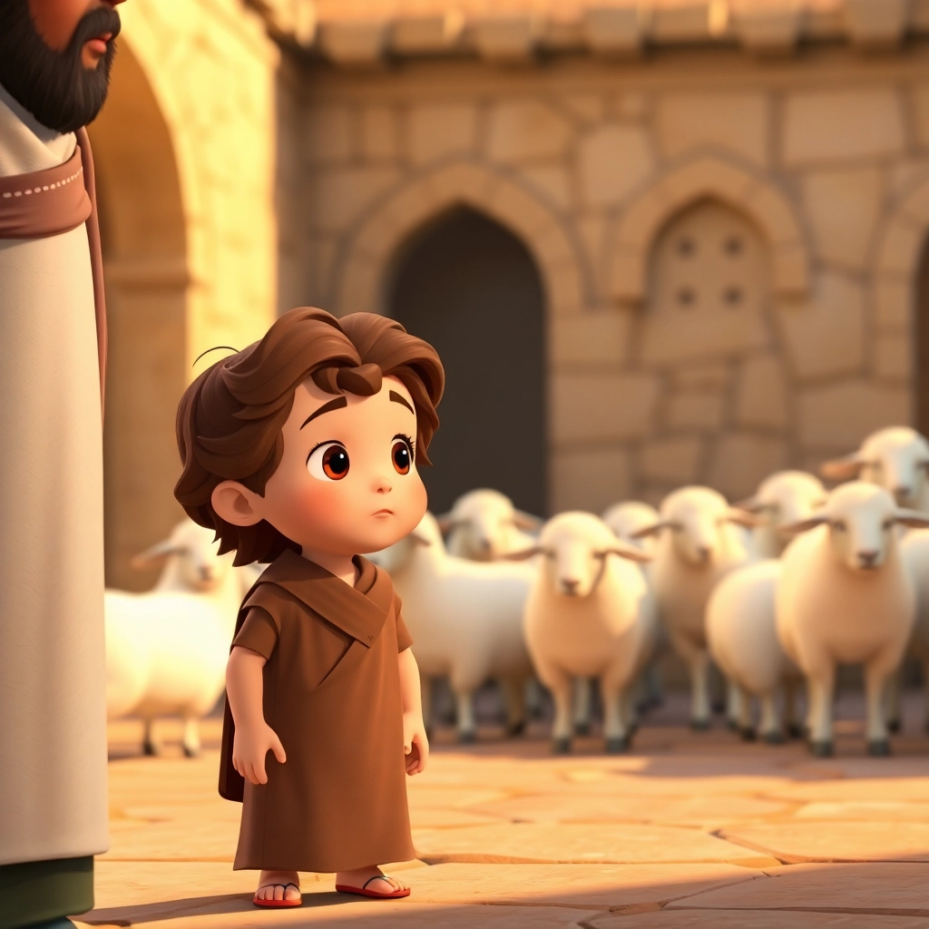 Ibrahim's father explaining the significance of Eid al-Adha to Ibrahim, a toddler with wavy brown hair, standing near the white sheep in the courtyard, warm afternoon light, Pixar-like character design, medium shot, emphasizing the act of sharing and compassion, 2K quality.