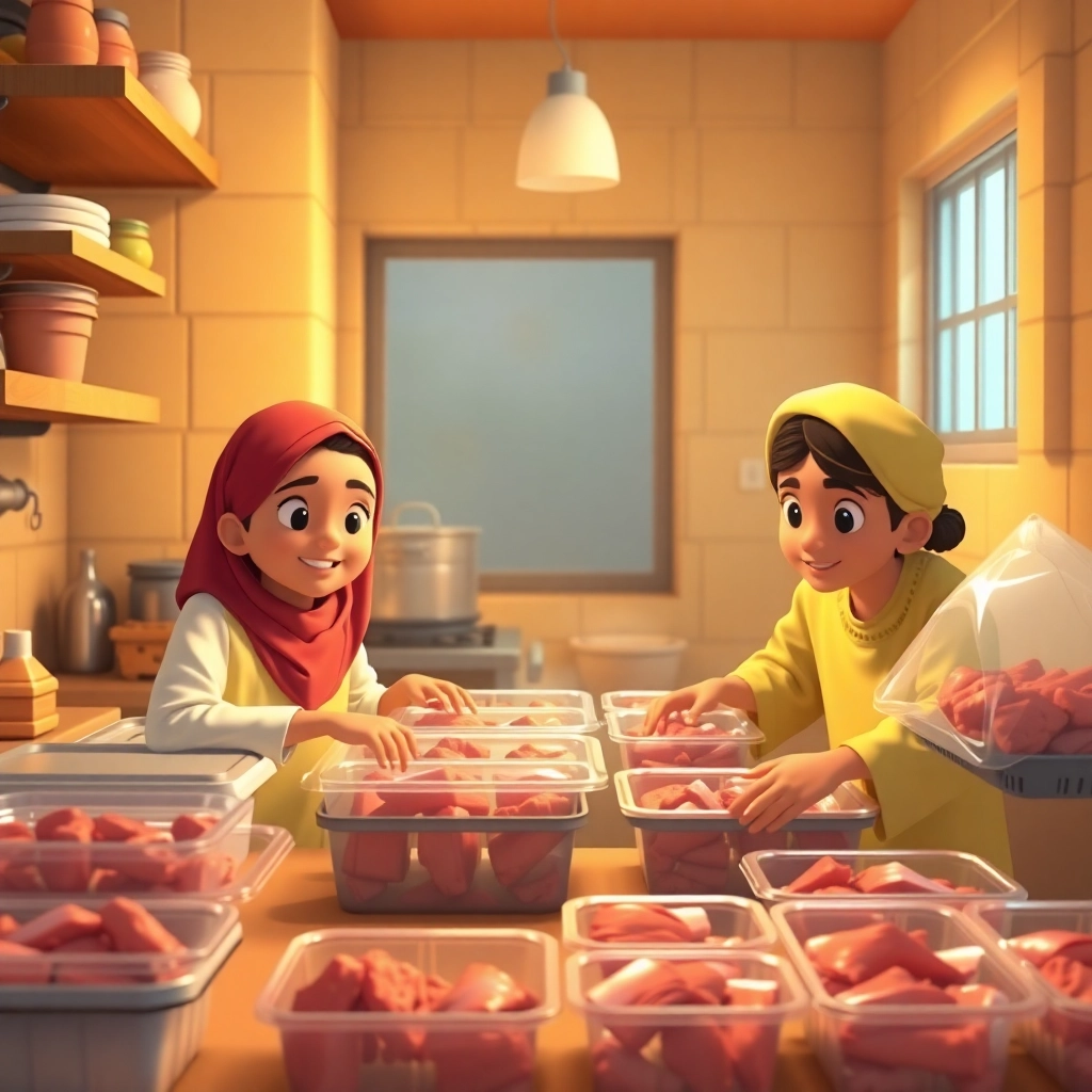 Ibrahim's muslim family preparing meat and packing it into containers in a brightly lit kitchen, warm atmosphere, Pixar-like character design, medium shot, highlighting the joy of helping others during Eid, 2K quality.