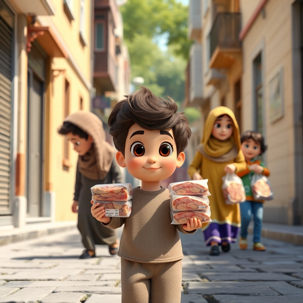 Ibrahim, a toddler with wavy brown hair, and his muslim family walking through the streets of Istanbul, distributing packed meats to neighbors, bright daylight, Pixar-like character design, wide shot, showing the act of generosity and community spirit, 2K quality.