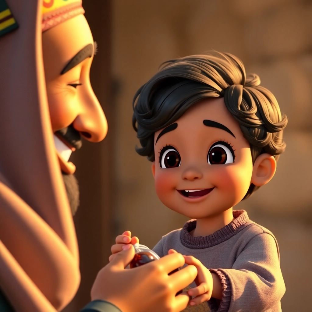 A close-up of a muslim neighbor smiling as Ibrahim, a toddler with wavy brown hair, hands her a bag of dates, warm and joyful lighting, Pixar-like character design, emphasizing the happiness and gratitude of receiving help, 2K quality.
