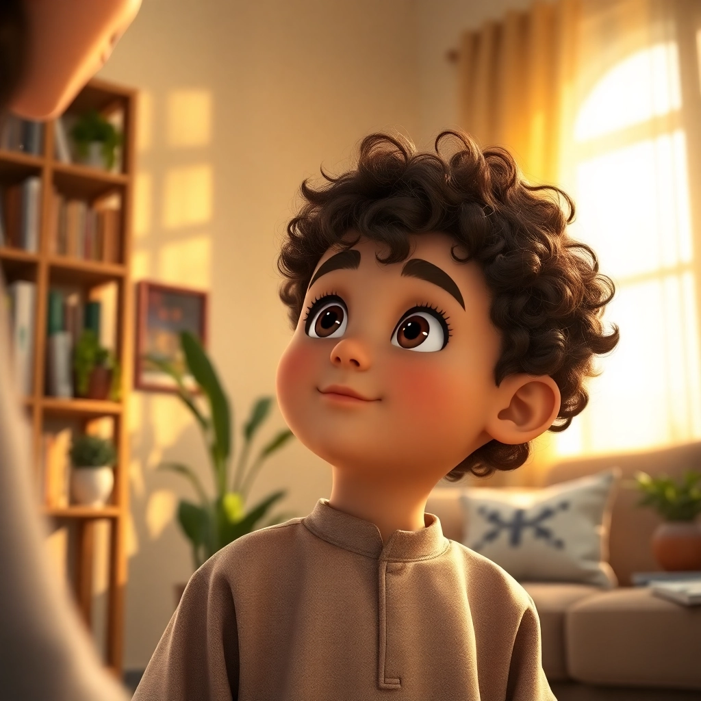 İbrahim , toddler boy with brown curly hair, medium skin color, wearing Islamic clothing, İbrahim asks his mother a question while sitting next to her., A cozy living room with soft sunlight coming through the window., Warm, soft daylight. and Curious and loving., Pixar-like character design, octane render, highly detailed., Medium shot focusing on İbrahim and his mother., 