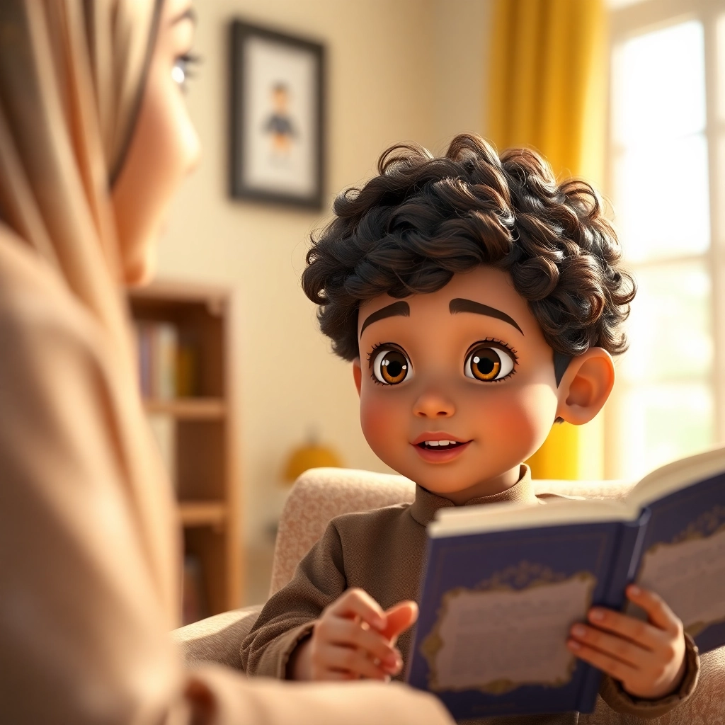 İbrahim , toddler boy with brown curly hair, medium skin color, wearing Islamic clothing, İbrahim's mother tells him a story while he listens attentively., A comfortable armchair in a brightly lit room., Bright indoor light. and Engaged and informative., Pixar-like character design, octane render, highly detailed., Close-up on İbrahim's face as he listens., 