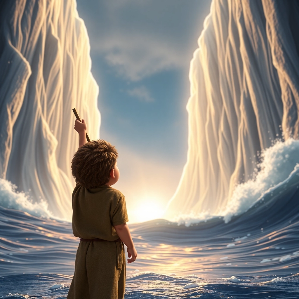 İbrahim , toddler boy with brown curly hair, medium skin color, wearing Islamic clothing, İbrahim imagines Moses striking the sea with his staff., A simple rendering of the Red Sea., Dramatic, divine light. and Intense and powerful., Pixar-like character design, octane render, highly detailed., Wide shot visualizing the event., 