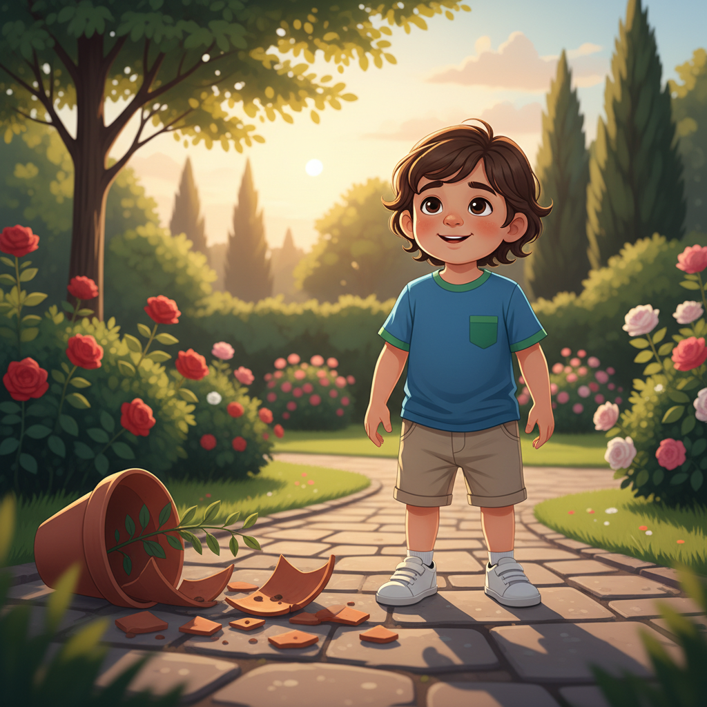 İbrahim, toddler boy with brown wavy hair, medium skin color, wearing Casual clothing, a toddler boy with brown wavy hair and medium skin color smiling and holding a bright red ball, a lush green sunny garden with colorful flowers and butterflies, bright warm afternoon sunlight and happy and inviting, Pixar Style, centered medium shot focusing on the boy, 