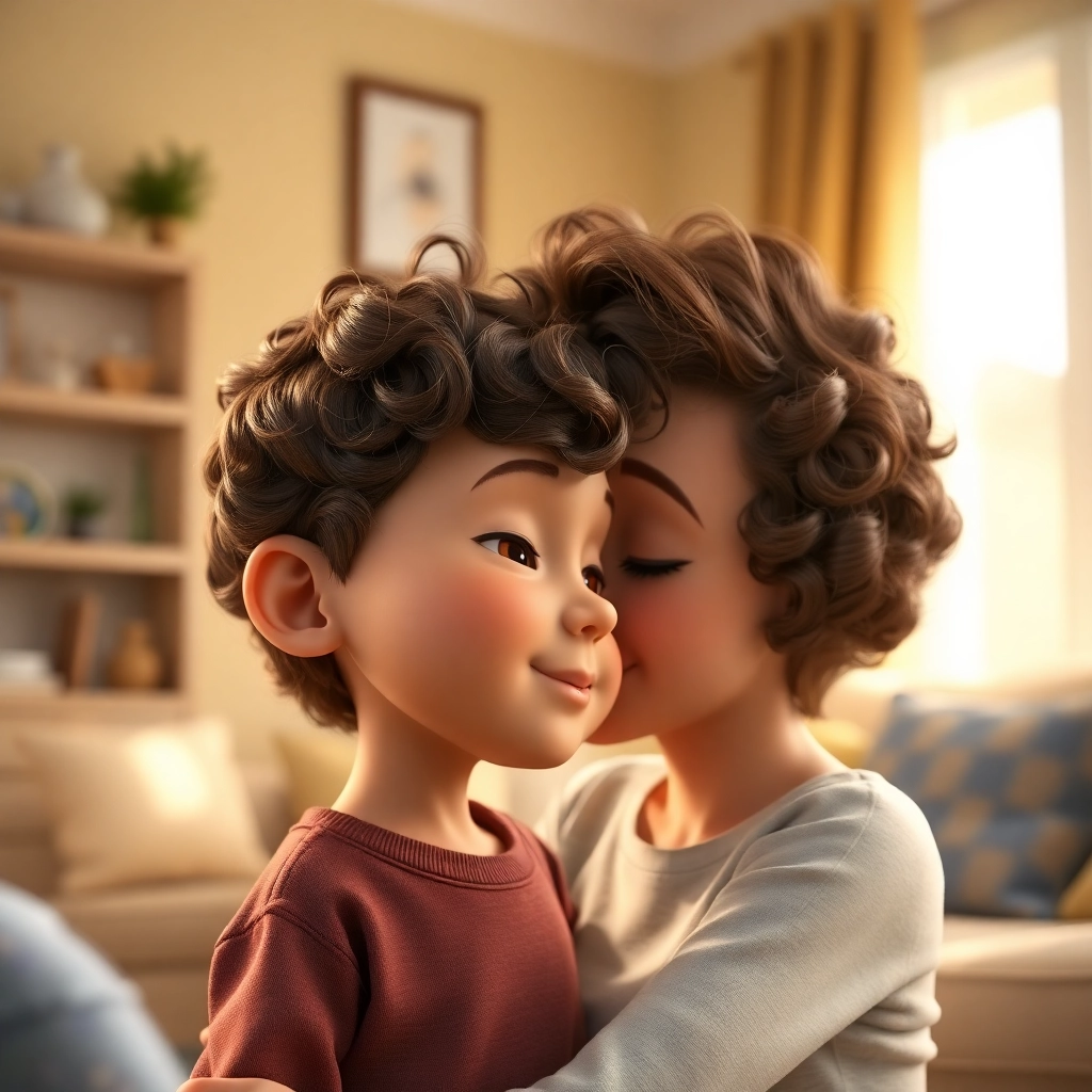 İbrahim , toddler boy with brown curly hair, medium skin color, wearing Casual clothing, Receives a loving kiss from his mother., Warm and comforting living room., Soft, gentle light. and Loved and secure., Pixar-like character design, octane render, highly detailed., Close-up of the mother kissing İbrahim's forehead., 