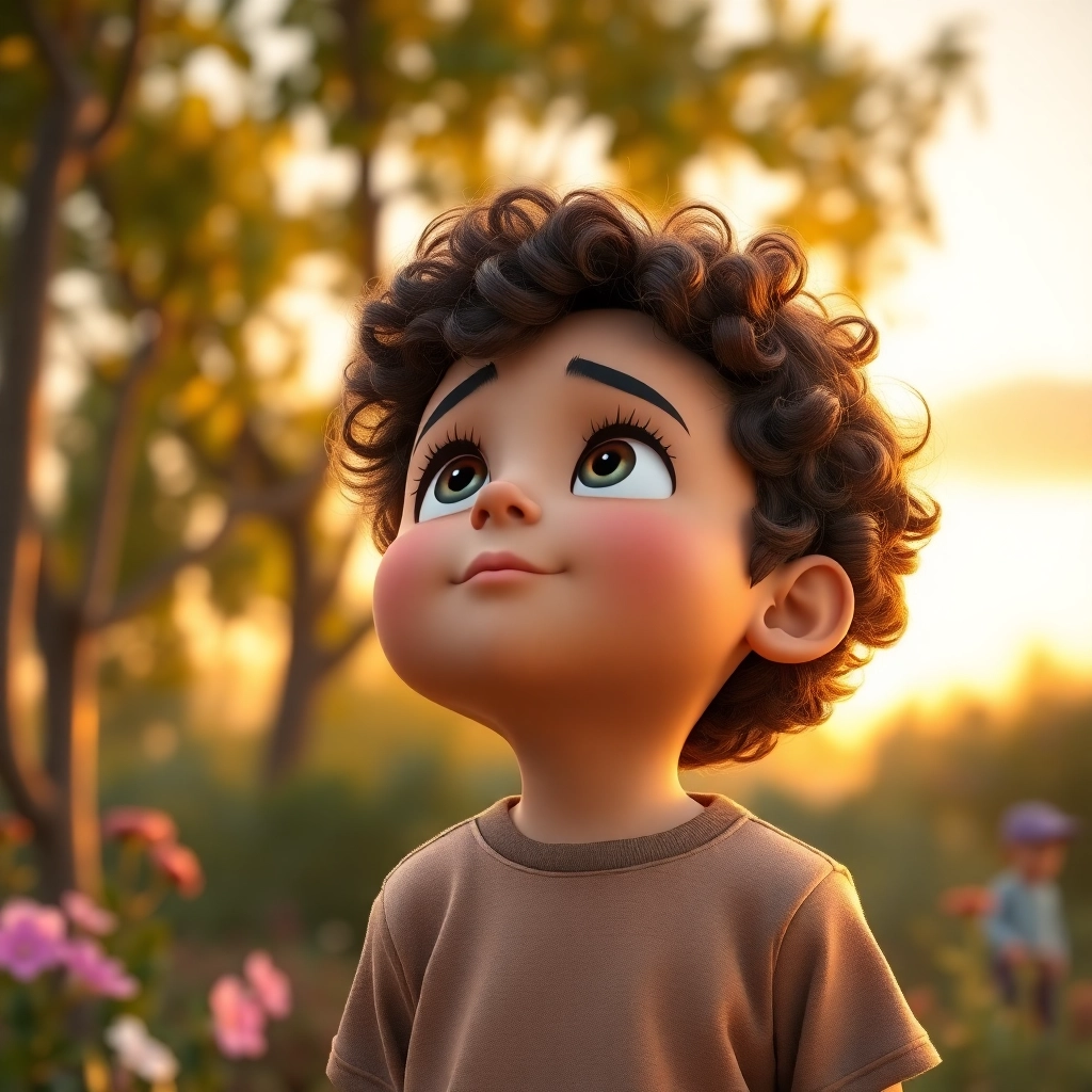İbrahim , toddler boy with brown curly hair, medium skin color, wearing Casual clothing, Looks up at the sky with a sense of faith and trust., Peaceful garden at sunset., Golden hour sunlight. and Peaceful and faithful., Pixar-like character design, octane render, highly detailed., Wide shot showing İbrahim looking towards the sky., 