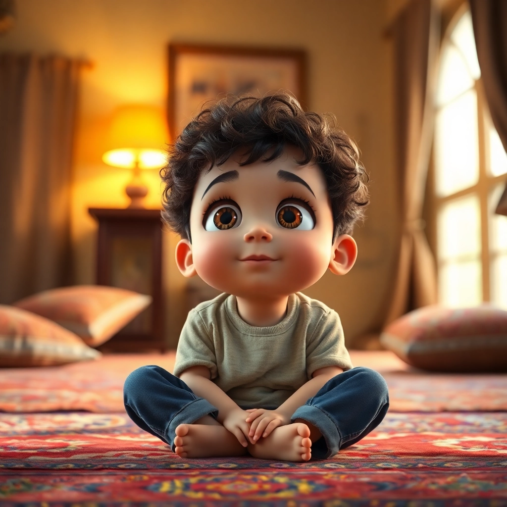 İbrahim , toddler boy with brown curly hair, medium skin color, wearing Casual clothing, Sits on the floor listening intently to his mother., Cozy corner of a living room with a colorful rug., Warm, ambient light. and Engrossed and curious., Pixar-like character design, octane render, highly detailed., Medium shot from the side showing both İbrahim and his mother., 