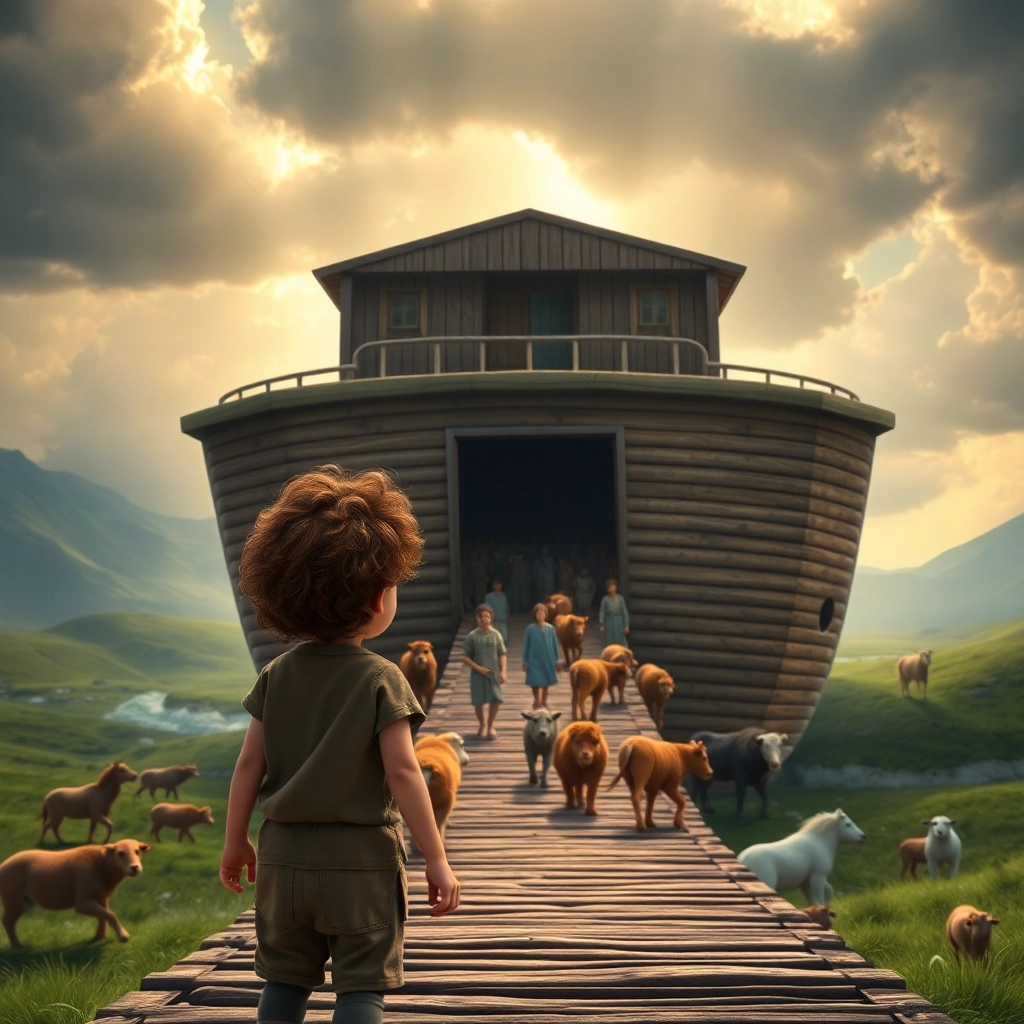 İbrahim , toddler boy with brown curly hair, medium skin color, wearing Casual clothing, Imagines animals boarding Noah's Ark., Living room with toys and books around., Soft indoor lighting. and Wonder and amazement., Pixar-like character design, octane render, highly detailed., Medium shot showing İbrahim looking thoughtful., 