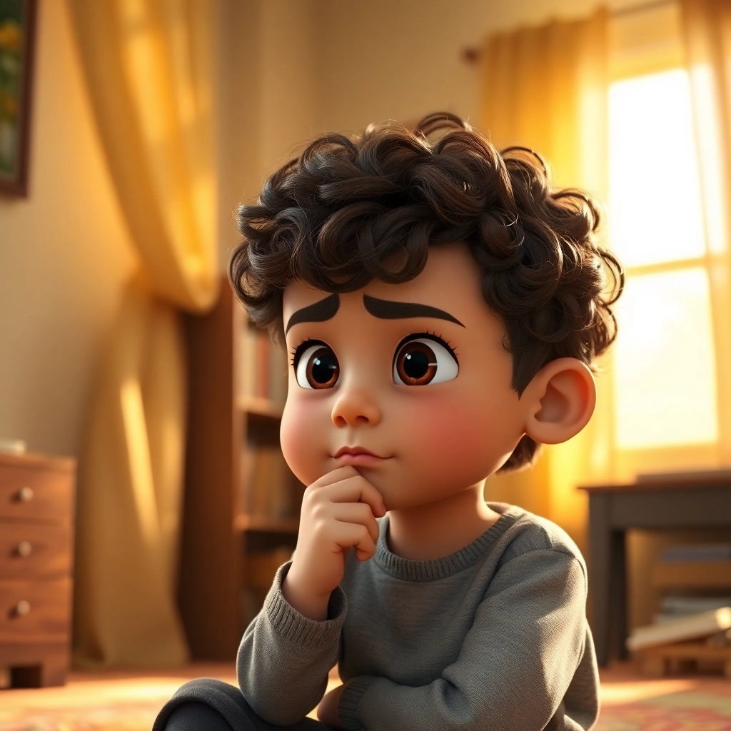 İbrahim , toddler boy with brown curly hair, medium skin color, wearing Casual clothing, Ponders the meaning of trusting in God., Quiet corner of the living room., Soft, natural light. and Reflective and thoughtful., Pixar-like character design, octane render, highly detailed., Medium shot showing İbrahim lost in thought., 
