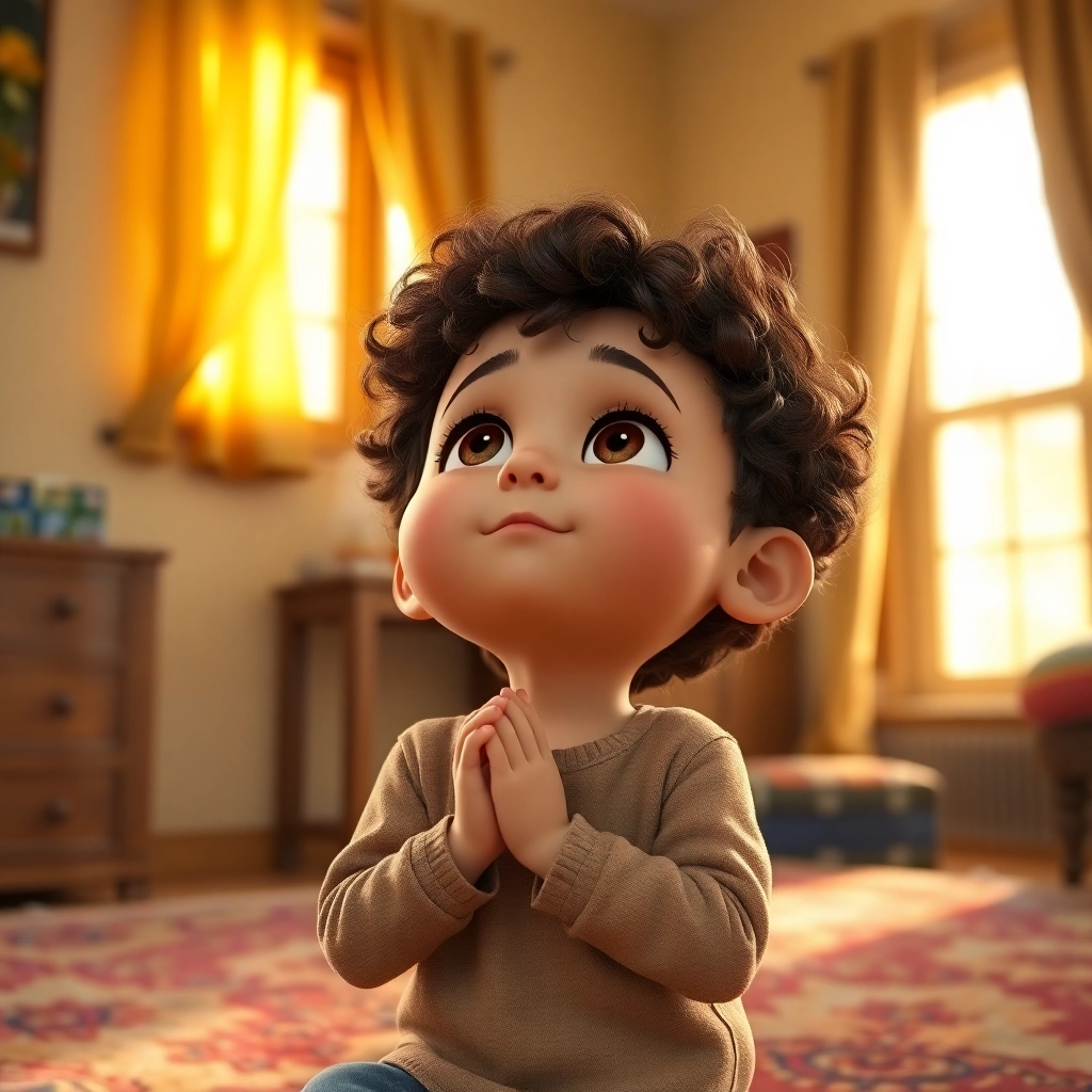 İbrahim , toddler boy with brown curly hair, medium skin color, wearing Casual clothing, Nods in understanding and agreement., Warm, inviting living room., Soft, natural light. and Understanding and confident., Pixar-like character design, octane render, highly detailed., Close-up of İbrahim's face showing understanding., 