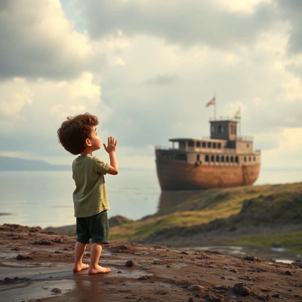 İbrahim , toddler boy with brown curly hair, medium skin color, wearing Casual clothing, Smiles at the thought of a new beginning., Imagines Noah and his family stepping off the Ark., Bright, hopeful sunlight. and Hopeful and joyful., Pixar-like character design, octane render, highly detailed., Medium shot of İbrahim smiling., 